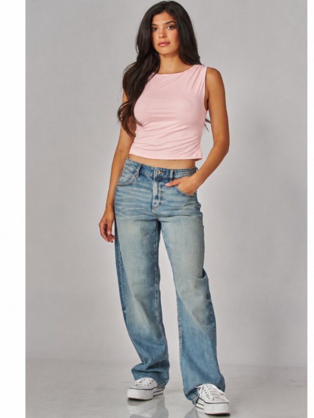 Soft Pink Contour Drapey Jersey Boatneck Tank Top